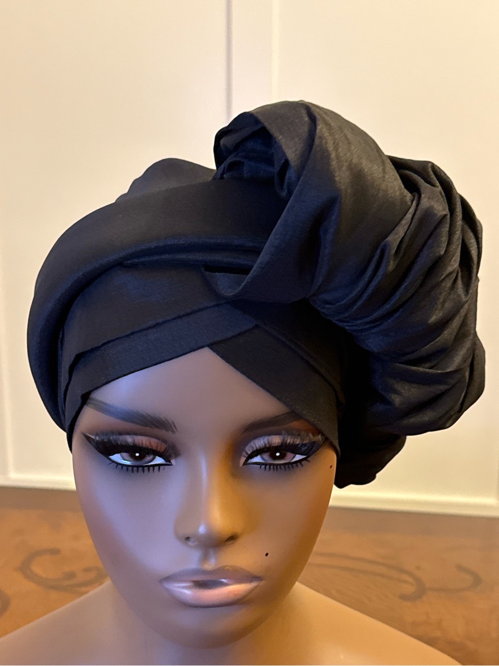 Elegant Black Head Wrap Turban with Rosette Detail
